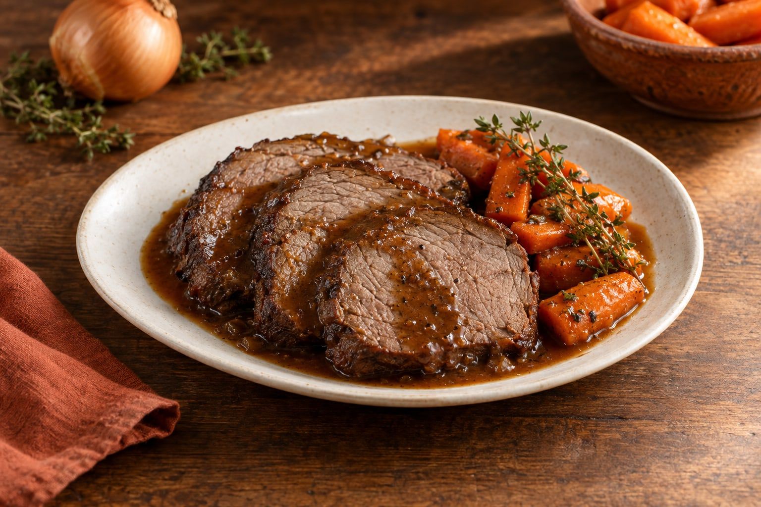 Rinderbraten im Airfryer, drei Scheiben geschmorter Rinderbraten mit dunkler Soße und Möhren auf einer ovalen weißen Platte
