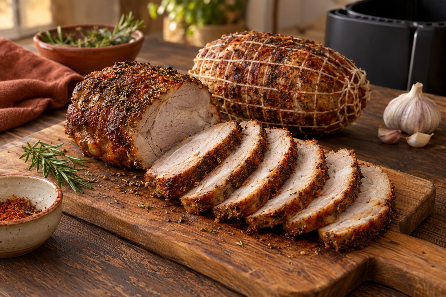 Rollbraten im Airfryer, aufgeschnittener Schweinenacken-Rollbraten mit dunkler Kräuterkruste auf einem Holzbrett, dahinter eine zweite Rolle im Netz