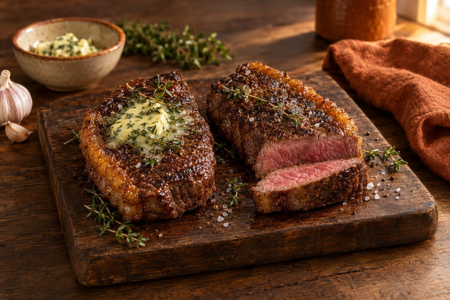 Rumpsteak im Airfryer, zwei Steaks mit brauner Kruste und goldenem Fettrand, eines aufgeschnitten mit rosa Kern, auf einem Holzbrett mit Kräuterbutter