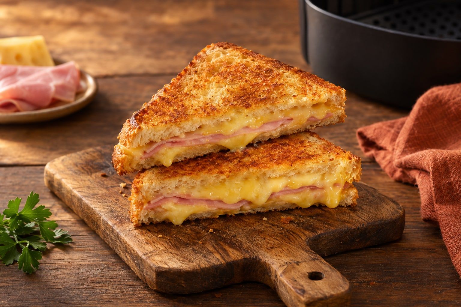 Schinken-Käse-Toast im Airfryer, zwei diagonal halbierte, goldbraune Toasts mit geschmolzenem Käse und Kochschinken auf einem Holzbrett
