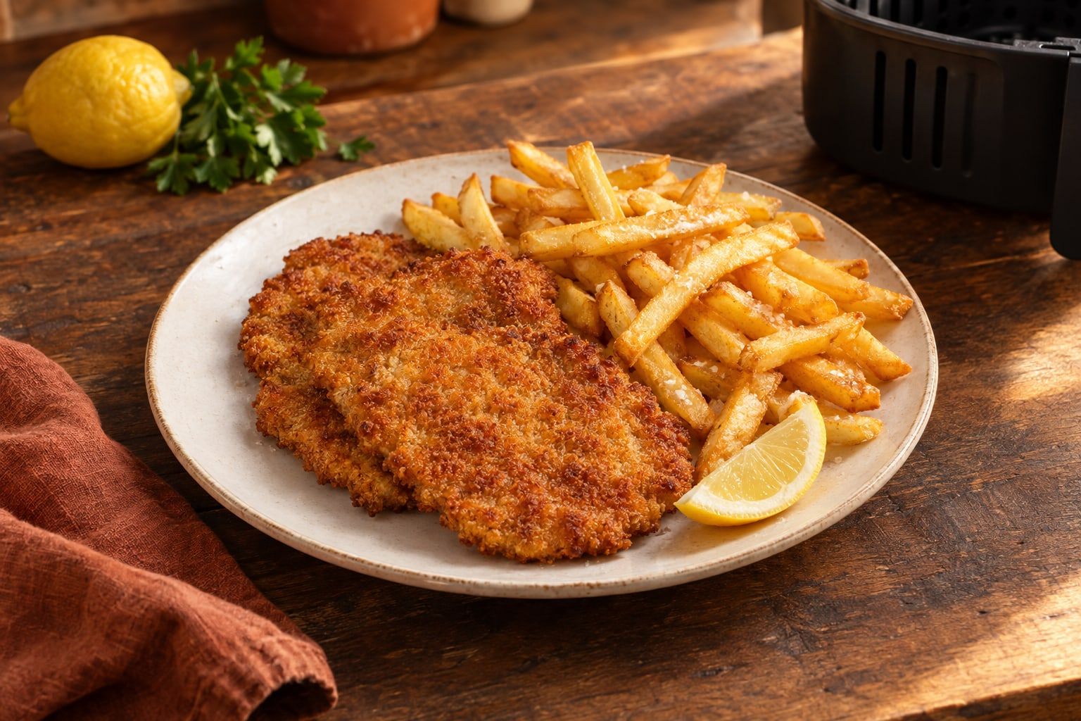 Schnitzel mit Pommes in zwei Körben, zwei goldbraune panierte Schnitzel neben goldgelben Pommes auf einem weißen Teller mit Zitronenspalte
