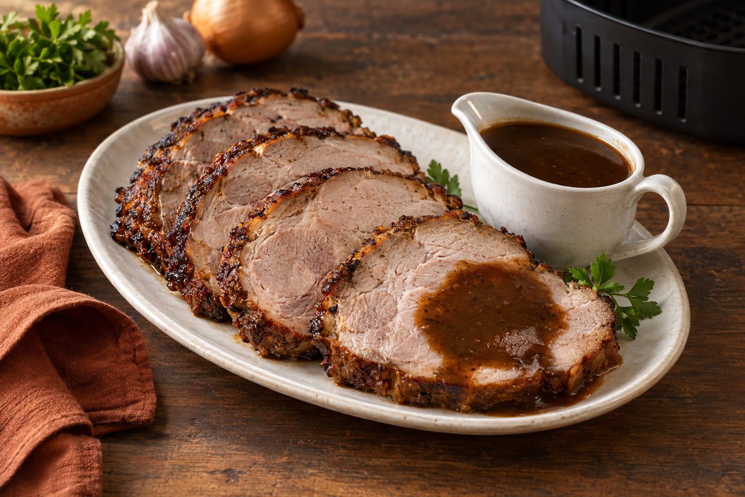 Schweinebraten im Airfryer, Scheiben von Nackenbraten mit dunkler Kruste auf einer weißen Platte mit Soße und Soßenkännchen