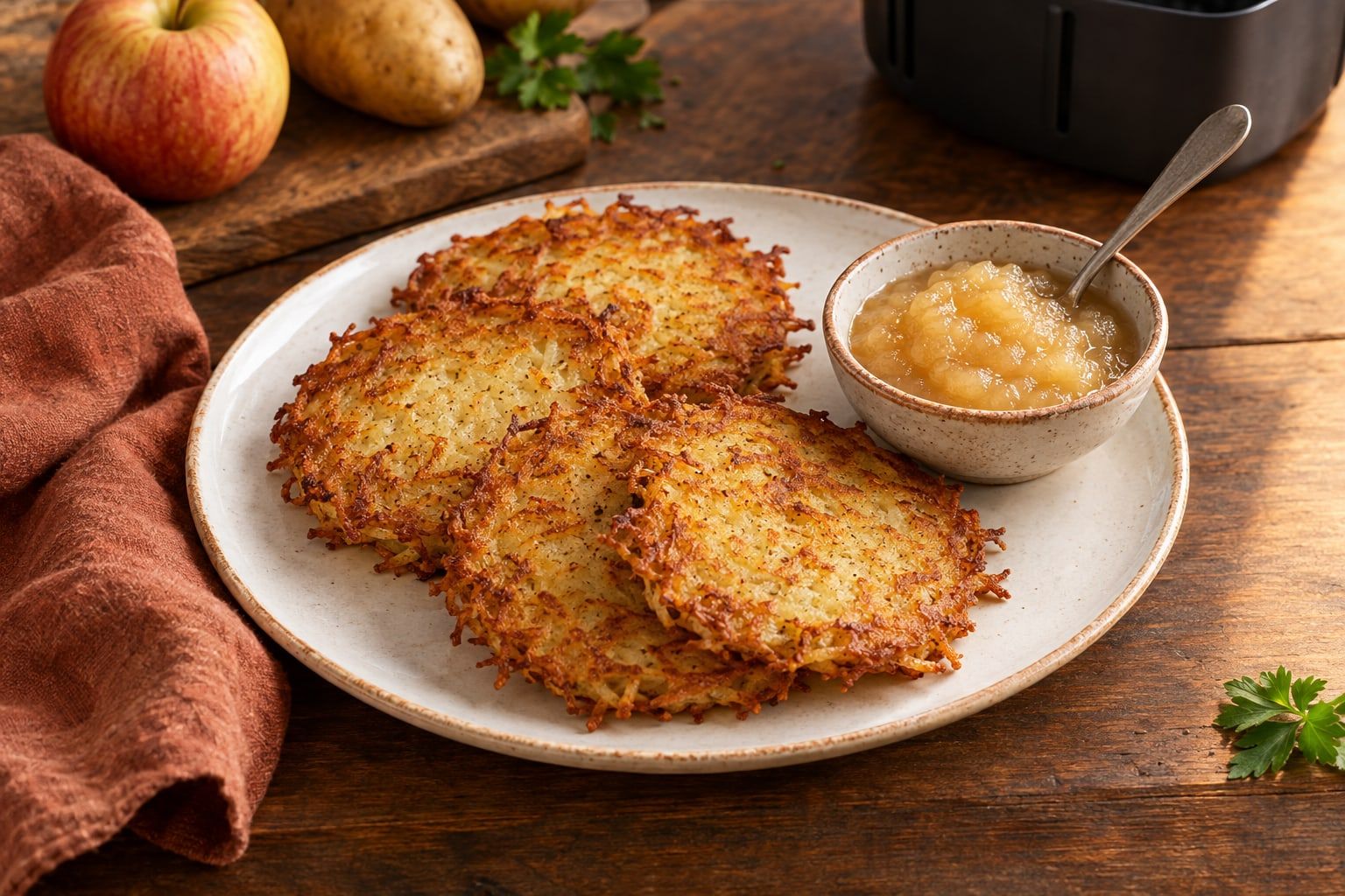TK Kartoffelpuffer im Airfryer, vier goldbraune Reibekuchen mit knusprigem Rand auf einem weißen Teller neben Apfelmus