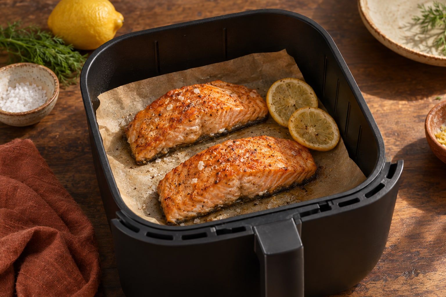 TK Lachs im Airfryer, zwei gegarte Lachsfilets mit Haut auf Backpapier im schwarzen Airfryer-Korb mit Zitronenscheiben