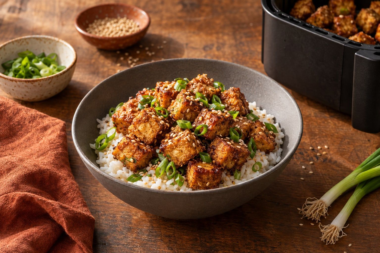 Tofu im Airfryer, goldbraune knusprige Würfel mit Frühlingszwiebeln und Sesam auf Reis in einer grauen Schüssel