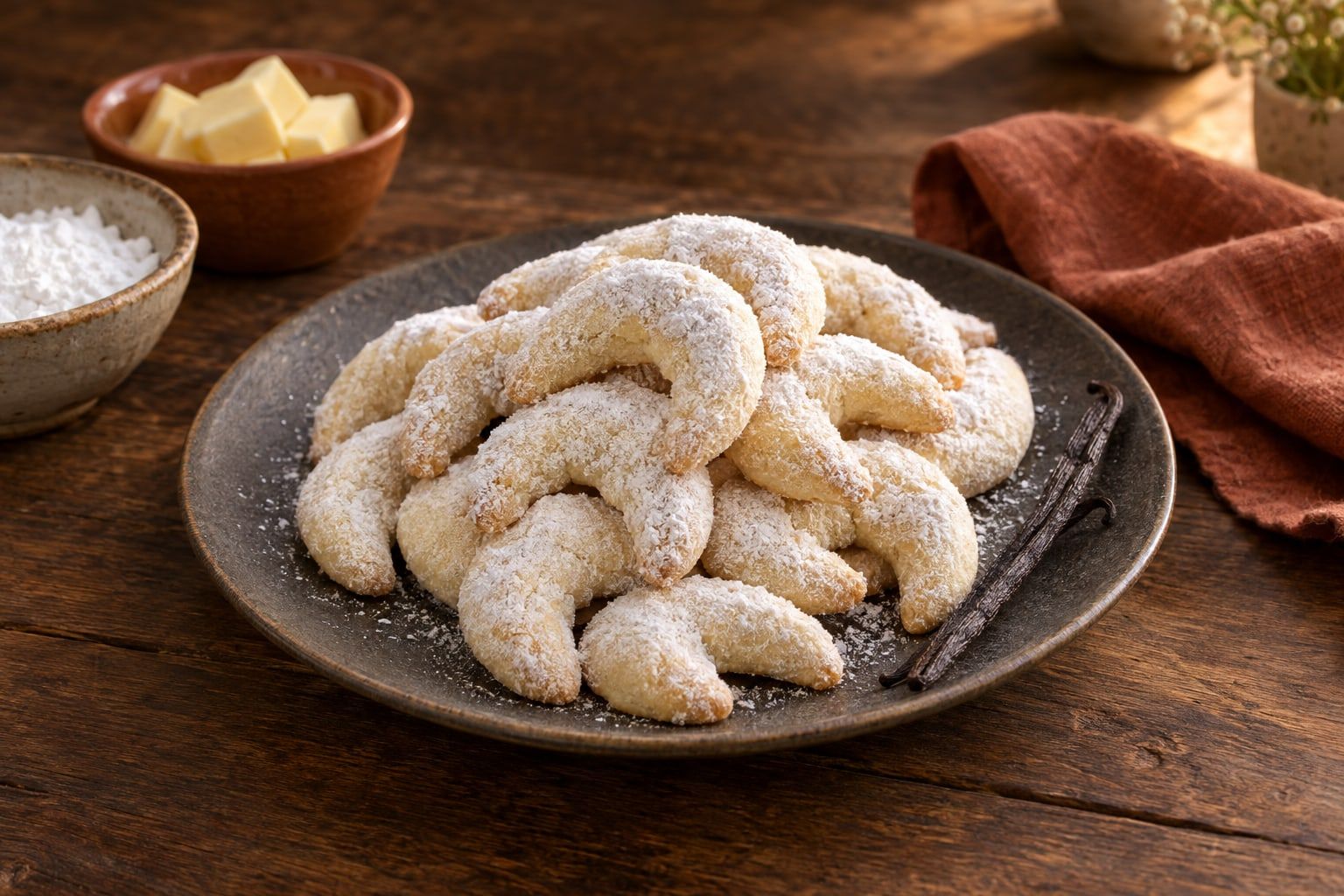 Vanillekipferl im Airfryer, halbmondförmige Hörnchen dick mit Vanillezucker bestäubt auf einem dunkelgrauen Teller mit Vanilleschote
